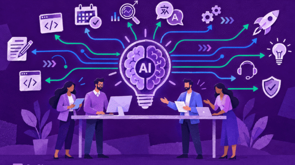 10-Ways-Small-Teams-Are-Using-AI-blog-hero-w-logo-tiny Four teammates collaborate beneath an AI lightbulb connected to icons for everyday work tasks.