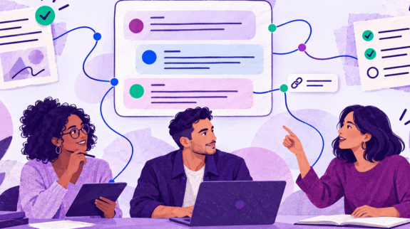 ChatGPT-Team-Is-Now-ChatGPT-Business-blog-hero-w-logo-tiny Three coworkers collaborate around a shared AI conversation connected to project documents and a task checklist.