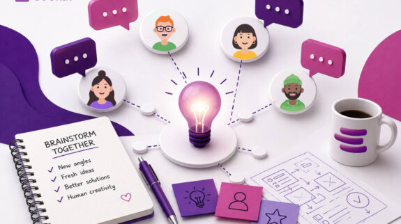How to Brainstorm with AI Without Losing Human Creativity-blog-hero-w-logo-tiny A team gathered around a laptop to brainstorm with AI, with ideas mapped on a whiteboard behind them.