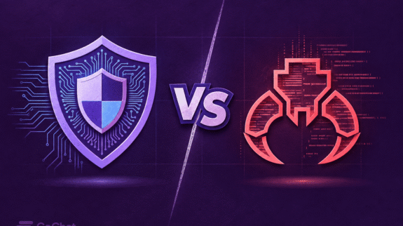 CoChat-vs-OpenClaw-blog-hero-w-logo-tiny Purple security shield facing a coral OpenClaw emblem, separated by “VS” and a diagonal divider.
