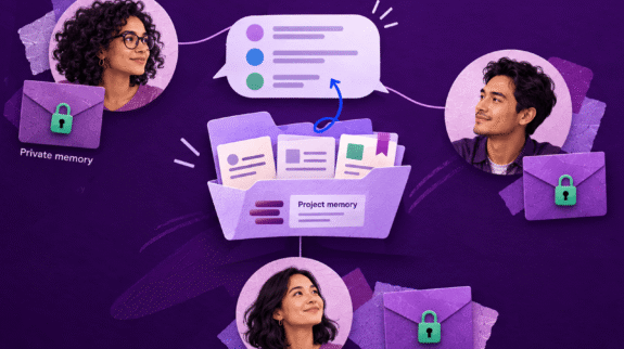 Private-AI-Memory-blog-hero-w-logo-tiny Three teammates have separate locked memory pockets around a shared project folder connected to a group conversation.