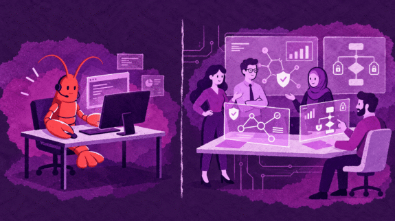 open-claw-for-teams-blog-hero-tiny OpenClaw for teams: a lone robot-lobster agent beside a team working with security shields and dashboards
