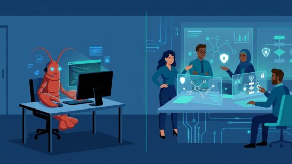 CoChat-Blog_Header_What-OpenClaw-Is-Missing-for-Teams OpenClaw for teams: a lone robot-lobster agent beside a team working with security shields and dashboards