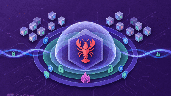 How-We-Built-Hosted-OpenClaw-Inside-CoChat-in-Under-a-Week-blog-hero-w-logo-tiny OpenClaw lobster inside a protective dome, surrounded by security rings, locks, shields, and isolated computing environments.