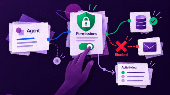 AI-Agent-Security-Gaps-Thatll-Bite-Your-Team-blog-hero-w-logo-tiny A hand controls an AI agent’s permissions, with approved paths to tools and a connected activity log.
