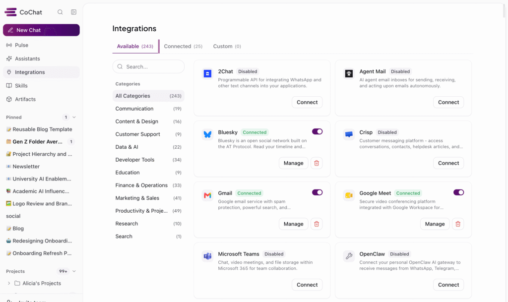 CoChat Integrations dashboard connecting AI to 200+ tools for teams, with glowing lines linking Gmail, Notion, Snowflake, Figma, Slack, and Salesforce.