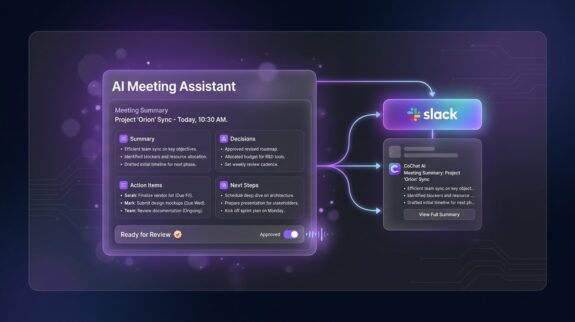 CoChat_Blog-Header_AI-Meeting-Summary-to-Slack Dark SaaS-style header image showing an AI meeting summary to Slack workflow in CoChat, with a central meeting recap panel connected to the full-color Slack logo through glowing purple workflow lines. The image highlights a trusted team process for reviewing, approving, and sending AI-generated meeting summaries to Slack.