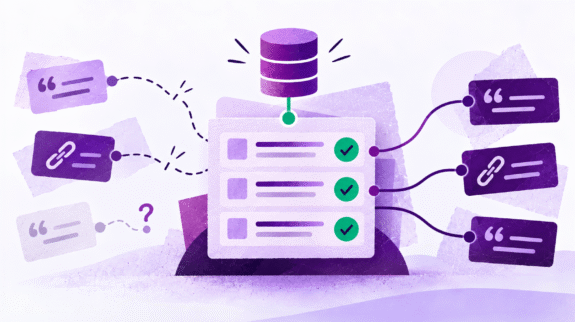 ai-research-hallucinations-blog-hero-w-logo-tiny Citation registry checked against a database, connecting verified references while leaving an uncertain citation flagged.