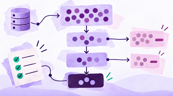 PRISMA-flow-diagrams-blog-hero-w-logo-tiny Stylized flow diagram showing research records moving through screening, with excluded records branching aside and included studies at the bottom.