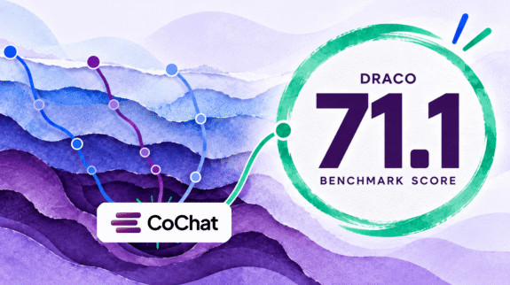 DRACO-benchmark-blog-hero-w-logo-tiny Blue and purple research paths descend through textured layers and connect to a highlighted DRACO benchmark score of 71.1.