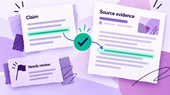 How-AI-Research-Tools-Handle-and-Check-Your-Citations-blog-hero-w-logo-tiny Highlighted passages connect a claim to supporting source evidence through a green checkmark, beside a citation flagged for review.