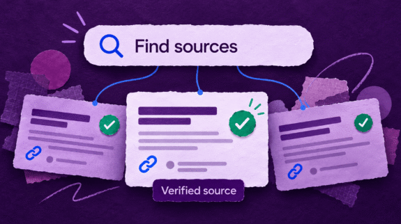 How-to-find-sources-blog-hero-w-logo-tiny illustration of research methods to find sources in search