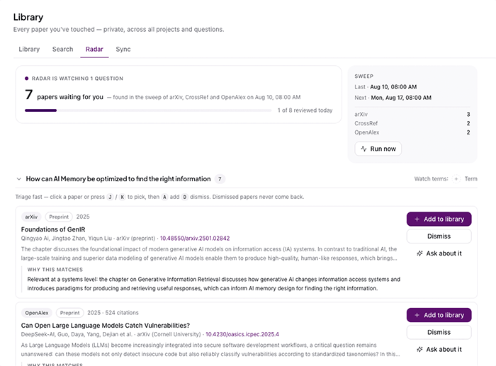 CoChat Library Radar screen importing papers on a weekly basis to user library