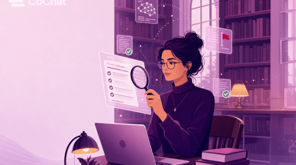 should-schools-ban-ai-cochat-blog-hero-w-logo-tiny A graduate student uses a magnifying glass to verify AI-generated citations on a laptop in a university library, illustrating why schools should teach AI source verification instead of banning AI