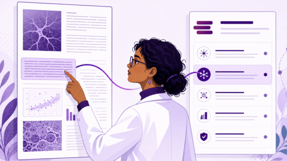 AI Summarizer for Research-scientist-blog-hero-w-logo-tiny Illustration of a researcher tracing a summarized claim back to its supporting passage in the original source.