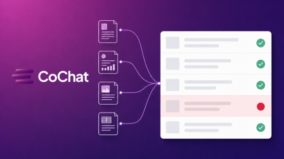 CoChat-AACU-LP-Feature-image Purple CoChat graphic: verified sources flowing into a review table, with one flagged row