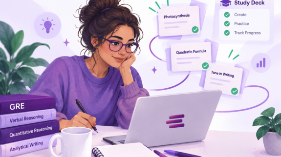 blog-hero-how-to-study-for-GRE-cochat How to study for the GRE: a student cycling through one large stack of flashcards beside an 8-week calendar