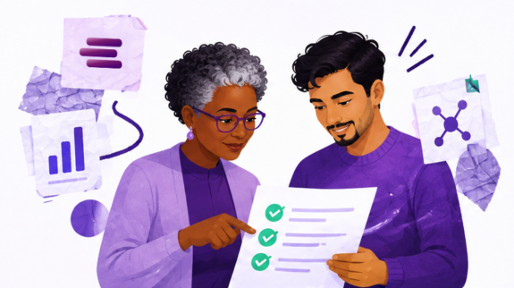 blog-hero-grant-writing-v3 AI grant writing done right: two researchers reviewing an application as streams of verified sources converge into one document