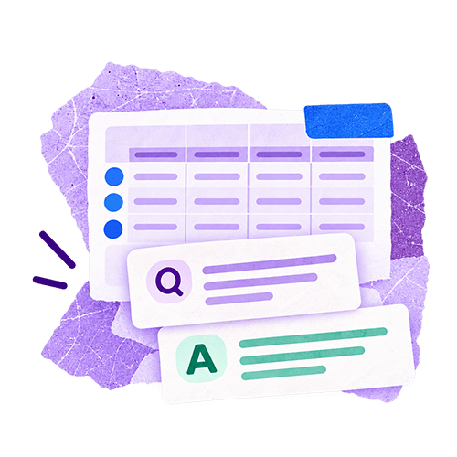 Research table with question-and-answer cards for creating structured outputs.