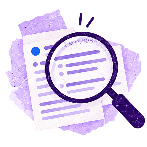 Magnifying glass examines details in a list of academic sources.